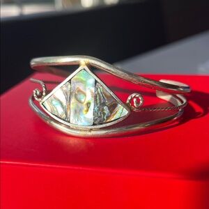 Vintage Alpaca Mexico Cuff Bracelet with Inlaid Abalone Iridescent Shell